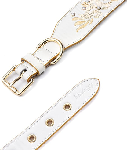 Blueberry Pet Western Genuine Leather Dog Collar for Medium Breeds, Pearl White - Floral Embroidery, Pearl Studs, Adjustable 15-18 Inch Neck, Dog Collars for Medium Dogs