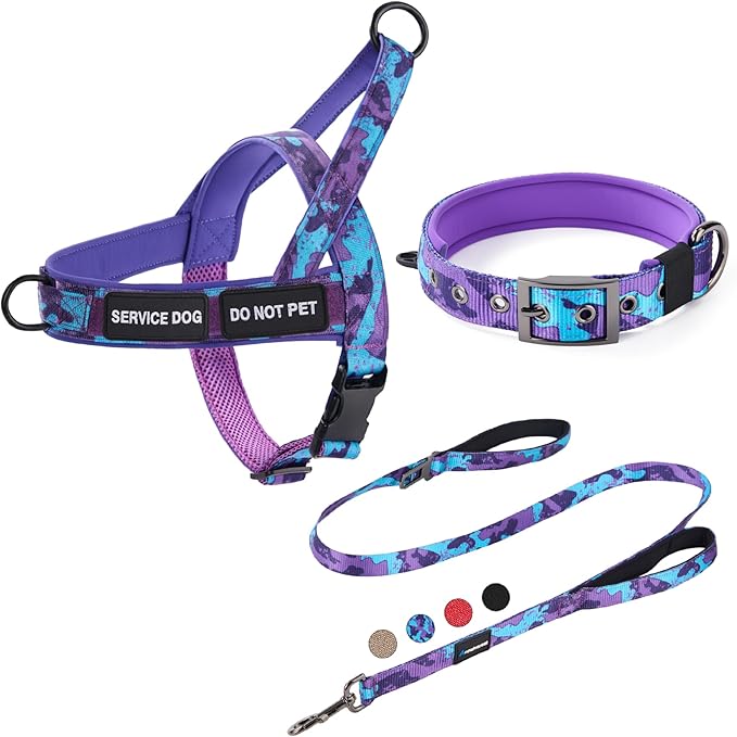 Annchwool No Pull Dog Harness,Heavy Duty Collar & Leash Set-Leash with Double Handle & Car Seatbelt Clip,Easy Control for Walking Training Medium Large Size Dogs(Camo Purple,L)