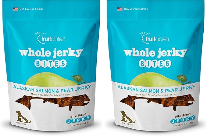 Fruitables Whole Jerky Bites, Healthy Dog Treats, Puppy Essentials, Jerky Dog Treats, Made in the USA, No Artificial Ingredients, Alaskan Salmon & Pear Flavor, 5oz (Pack of 2)