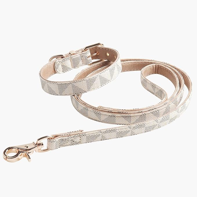 Dog Leather Collar and 4 ft Leash, KUDES Adjustable Basic Collar with Bell Leather Pet Leash Set, Checkered Pattern Durable Leather Collar and Leash with Metal Buckle for Small Medium Large Dogs
