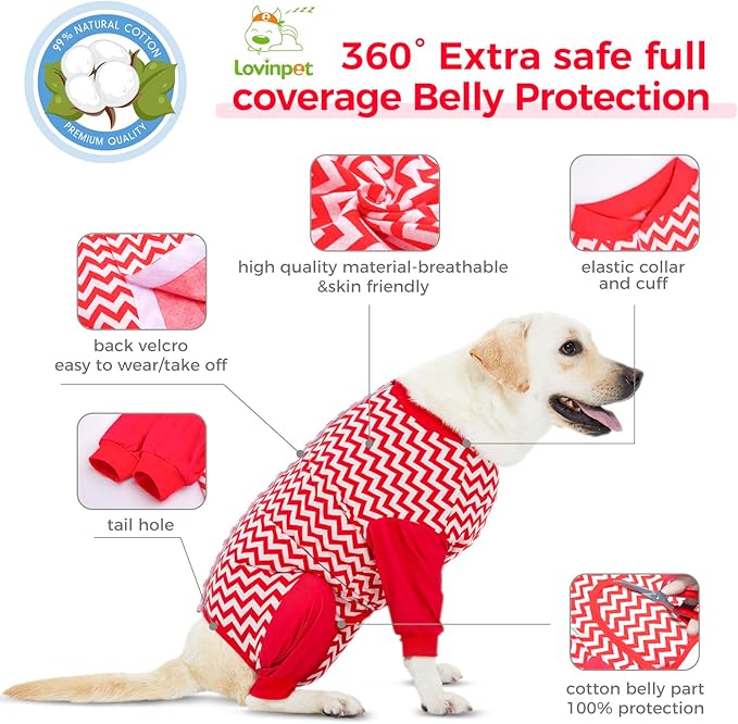 LovinPet Dog Recovery Suit for Large Medium Dogs - Cut-Out Design of Abdomen Recover Comfortably Well Protection Pet Onesie Suit Pet Pajamas Dog Anti Licking Bodysuit,Red Wave Pattern,M