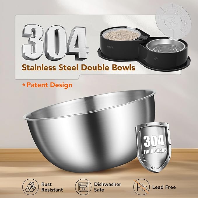Newget Stainless Steel Dog Bowl Set with Lids, 304 Metal Dual Food & Water Bowls for Dogs & Cats, Foldable Pet Feeder with Cover Keeps Food Fresh, Anti-Skid Dog Dish for Small/Medium/Large Pets