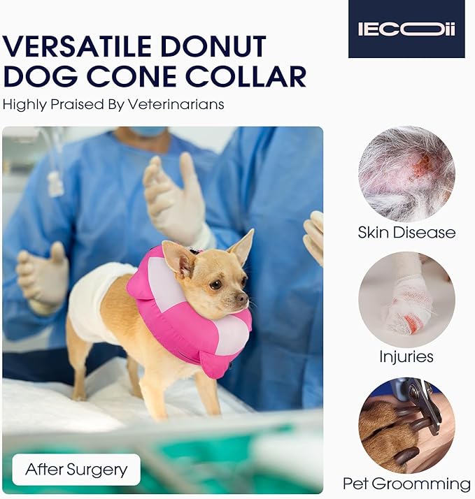 IECOii Soft Inflatable Dog Cone Collar for Small Dogs, Dog Pillow Cone Alternative to Stop Licking Wounds After Surgery, Adjustable & Comfy Recovery Neck Donut Collar for Puppy & Cats, Rosered, S