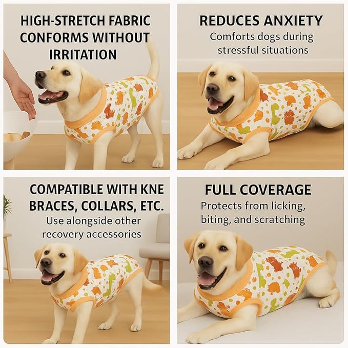 PetWarm Dog Surgery Suit, Onesies for Dogs, Professional Dog Abdominal Wounds Bandages Substitute E-Collar and Cone, Anti-Licking Surgical Recovery Suit for Dogs, Dinosaur Pattern, Yellow, L