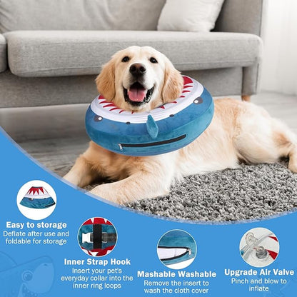 SCENEREAL Dog Cone Alternative After Surgery Pet Recovery Collar for Small Medium Large Dogs Cats, Adjustable Inflatable Donut to Prevent Licking, Shark Print E-Collars S