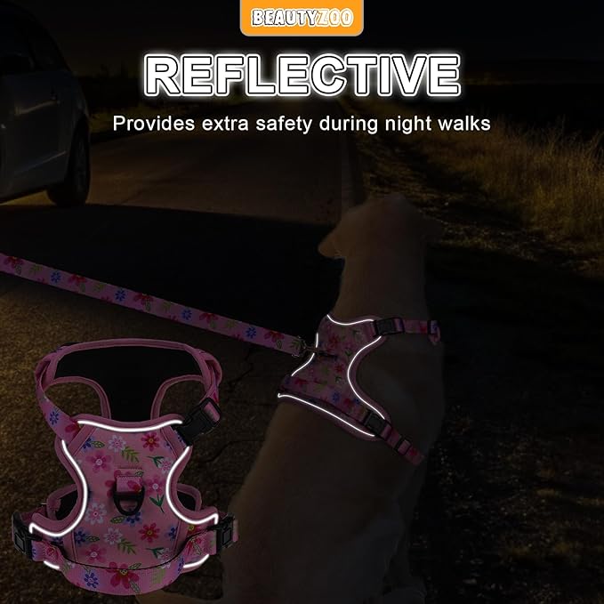 BEAUTYZOO No Pull Dog Harness and Leash Set with 2 Metal Leash Clips - Overhead-Free 3 Snap Buckles Design, Adjustable No-Choke Soft Padded Reflective Oxford Pet Vest for Small Medium Large Dogs, Pink