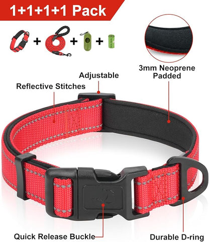 Dynmeow Reflective Dog Collar and Leash Set, 6FT Strong Climbing Rope Leash with Padded Handle, Adjustable Pet Collar with Soft Neoprene Padding for Medium Large Dogs, Red, M