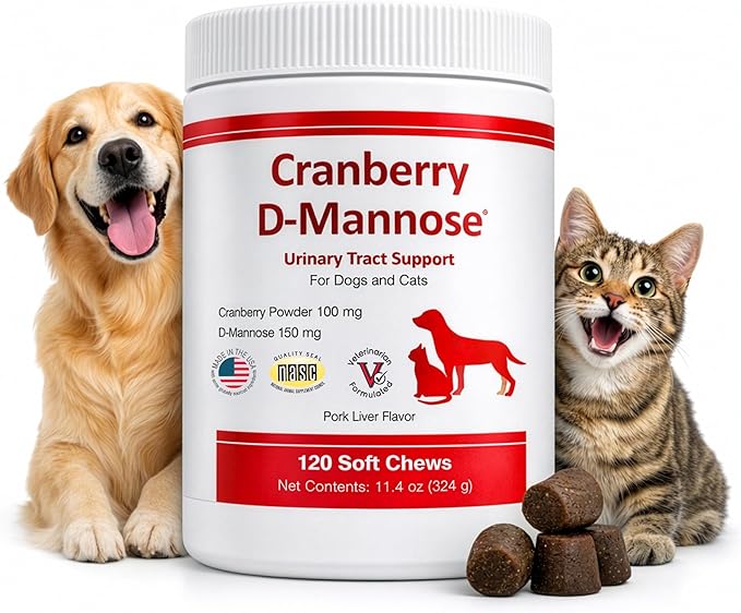 Cranberry D-Mannose Urinary Tract Support Supplement for Cats and Dogs - Cranberry Extract, D-Mannose, Vitamin C - Bladder and UTI Treatment - Made in USA - 120 Soft Chews