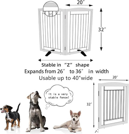 ZJSF Freestanding Dog Fence Indoor, Foldable Dog Gate for Doorways, Stairs or Hallways, Sturdy Wood Extra Wide Pet Gate with Support Feet for The House, White, 32 "Height-2 Panels