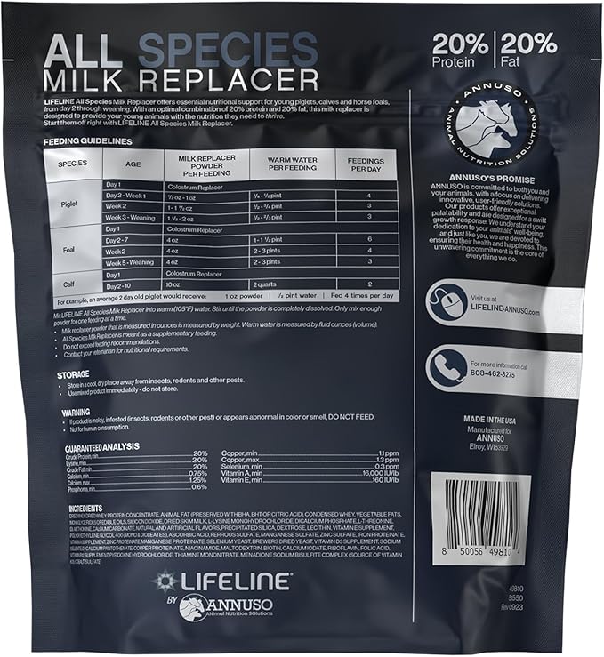 ANNUSO LIFELINE All Species Milk Replacer 20:20, 10lb Bag - All-Milk Formula with LifePulse - For Calves, Piglets, Foals - Supports Growth, Digestion, Immunity - Easy Mix, High Protein & Fat Blend