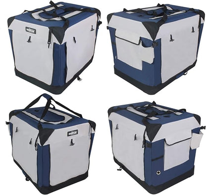 EliteField 4-Door Folding Soft Dog Crate with Curtains, Carrying Bag and Fleece Bed (2 Year Warranty), Indoor & Outdoor Pet Home (36" L x 24" W x 28" H, Navy Blue +Gray)