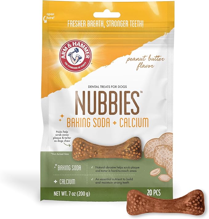 Arm & Hammer for Pets Nubbies Dental Treats - Baking Soda & Calcium Dog Dental Chews, Nubbed Texture Helps Scrub Plaque & Tartar While Chewing, Peanut Butter Flavor, 20 Count, 7 Ounce