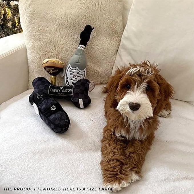 Haute Diggity Dog Chewy Vuiton Bone Plush Squeaky Dog Toy, Soft Durable Designer-Inspired Stuffed Puppy Chew Toys for Small & Medium Dogs, Machine-Washable (Black Checker) Small