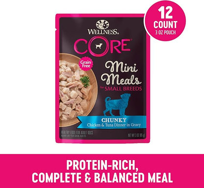 Wellness CORE Small Breed Mini Meals Chunky in Gravy Adult Wet Dog Food, Grain Free, Natural, Chicken and Tuna Dinner Recipe, 3 oz, Pack of 12 Pouches