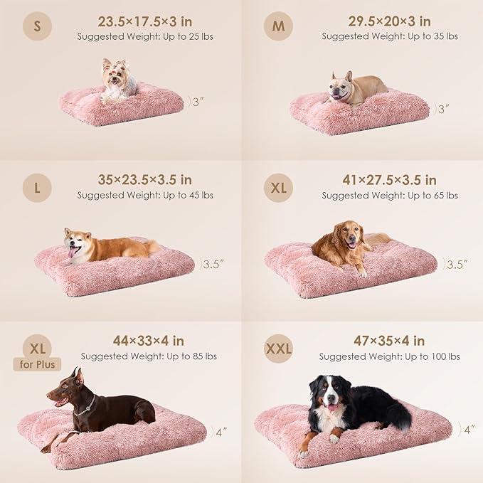 EHEYCIGA Fluffy Dog Crate Bed for Medium Dogs, Plush Faux Fur Pet Crate Pad, Calming Anti Anxiety Medium Pet Bed, Washable Soft Warm Dog Mat with Non-Slip Bottom, Pink