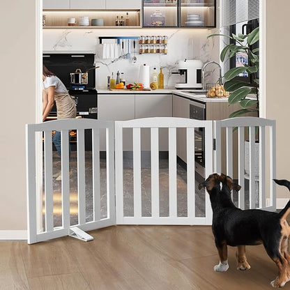 Freestanding Dog Gate Indoor,Doggie Gate Foldable Dog Gates for Doorways,Stairs or Hallways, Wooden White Pet Gate for The House, Pet Fence with Support Feet Included,24 "Height-3 Panels