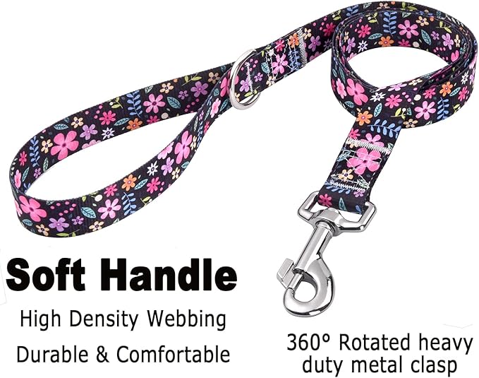Mihqy Dog Collar and Leash Set with Bohemia Floral Tribal Geometric Patterns - Soft Ethnic Style Collar Adjustable for Small Medium Large Dogs(Floral Set,M)