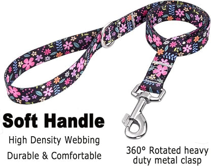 Mihqy Dog Collar and Leash Set with Bohemia Floral Tribal Geometric Patterns - Soft Ethnic Style Collar Adjustable for Small Medium Large Dogs(Floral Set,S)