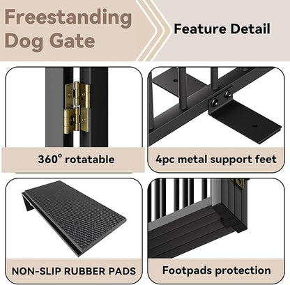 SNUOWU Full Metal Freestanding Dog Gate with Door, 24'' Height Foldable Pet Dog Fence for Indoor & Outdoor, 2 Panels Extra Wide Free Standing SmallDog Gates for Doorways,House,Stairs,Porch,Deck,Yard