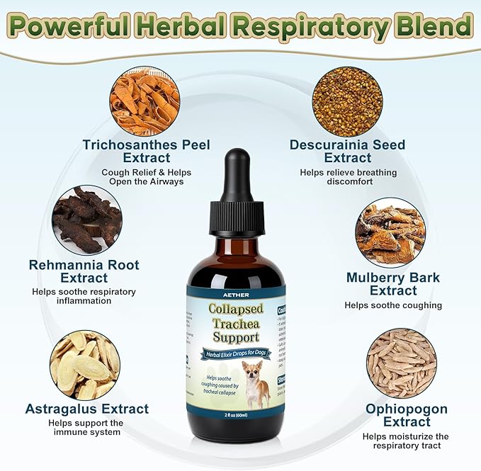 Collapsed Trachea Support for Dogs, Support Tracheal & Respiratory Health, Trachea Cough Elixir, Airway & Throat Comfort Drops for Small Breeds, Dogs Dry Hacking Cough Relief, Herbal Formula 2 fl oz