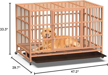 Hiwokk 48 Inch Heavy Duty Dog Crate, Indestructible Escape-Proof Dog Kennel for High Anxiety Large Dogs, Strong Metal Pet Cage with Double Doors, Lockable Wheels & Removable Tray, XL XXL XXXL