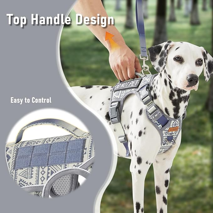 AUNZO Gray Tactical Dog Harness for Large Dog Breeds, No Pull Adjustable Pet Harness with Handle, Reflective K9 Military Service Dog Vest for Walking Hiking Training, Gray Ethnic, XL