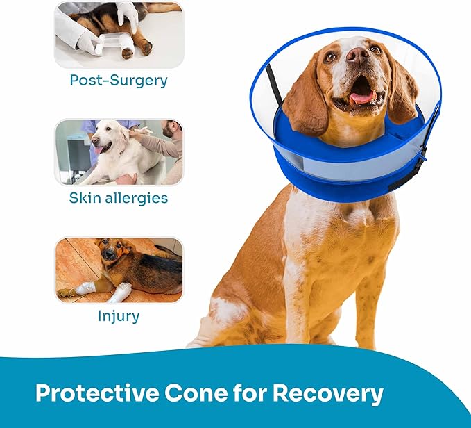 Dog Inflatable Neck Collar - Inflatable E Collar for Dogs - Comfortable Elizabethan Cone with Detachable Anti-Licking Shield - Dog Donut Cone - Doughnut for Dogs After Surgery (Blue, M)