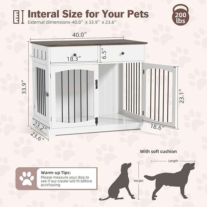 Kucreiheat 40 Inch Furniture-Style Dog Crate-Multipurpose Wood Pet Crate Furniture with Double Doors,2 Drawers, Decorative Dog House Indoor for Smal/Medium Dogs, White Finish