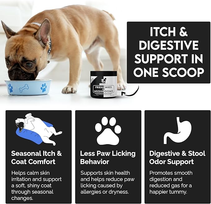 Mushroom Supplement for Dogs – Turkey Tail Mushroom for Dog Immune Support, Digestion, Allergies & Longevity with Omega3 & Turmeric | for Dogs Lumps and Bumps | French Bulldog Optimized