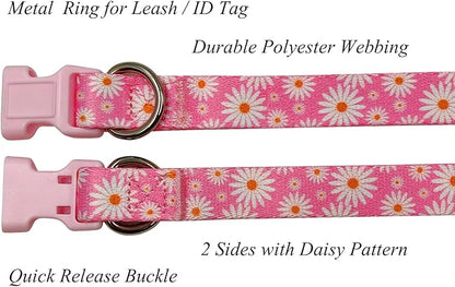Dog Collar Leash Set, Floral Pattern, Polyester Material, Adjustable Collar and 5ft Matchcing Leash, for Large Dogs.(L, Light Pink Daisy)