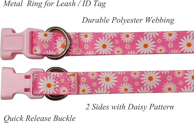 Dog Collar Leash Set, Floral Pattern, Polyester Material, Adjustable Collar and 5ft Matchcing Leash, for Puppy Dogs.(XS, Light Pink Daisy)