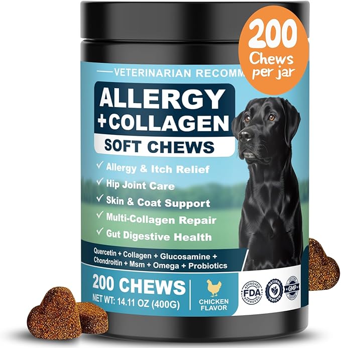 Dog Allergy Chews is Collagen Omega 3 Human Anti Itch Relief for Dogs Multivitamin Itching Skin Relief and Aller Immune Pet Allergy Chews Coat Licking Supplement Pills Meds Treats 200 Bites for Dogs