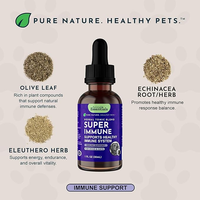 Animal Essentials Super Immune - Dog & Cat Immune Support for Puppies with Olive Leaf Extract & Echinacea, Olive Root for Dogs, Supports Respiratory Health & Overall Wellness - 2 fl oz
