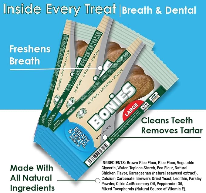 Bonies Natural Breath and Dental Formula Large-Sized Single Bone - All-Natural Ingredients, Fresh Breath, Cleans Teeth, Low Calories, Chicken Flavor, [Large Dog], 1 Bone