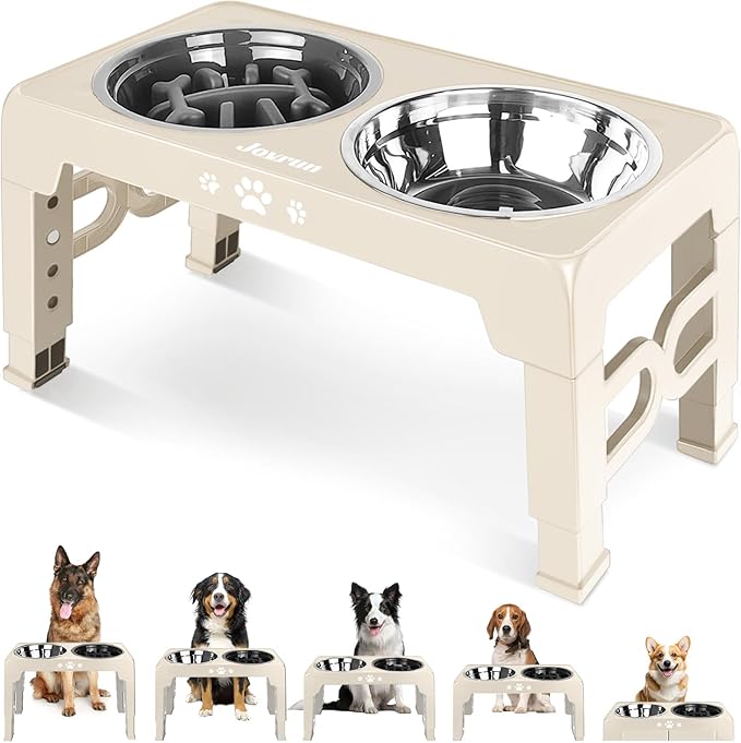 Jovrun Elevated Dog Bowls for Medium Large Size Dogs, Non-Slip Dog Feeder with 1*Stainless Steel Dishes & 1*Slow Feeder Bowl, 5 Heights Adjustable Raised Bowls to 3.15″-8.66″-9.84″-11.02″-12.2″