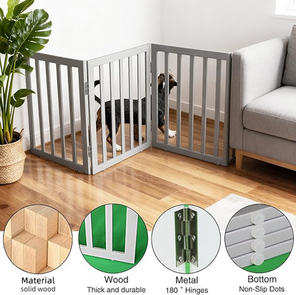 ZJSF Freestanding Indoor Dog Gate for House Foldable Wood Grey Puppy Gate for Doorways Pet Gate for Stairs Extra Wide Pet Fence 24" Height 4 Panels