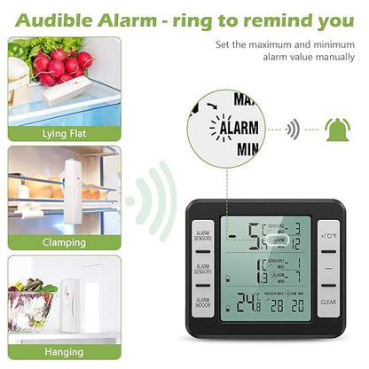 KeeKit Refrigerator Thermometer, Indoor Outdoor Thermometer with 2 Sensors, Wireless Digital Freezer Thermometer with Audible Alarm Temperature Gauge, Min/Max Record for Home, Kitchen