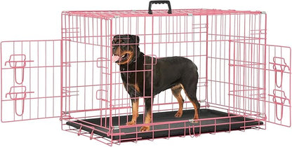 Dog Crate Dog Cage Dog Kennel Outdoor Metal Wire Double-Door Folding Pet Animal Pet Cage for Small Dog 30 inches with Double Door&Leak-Proof Pan Tray,Pink