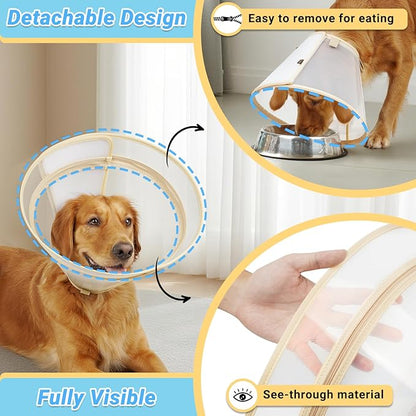 Dog Cone to Stop Licking, Clear Recovery Collar with Detachable Zipper, Sturdy Elizabethan Collar for Large Medium Small Dogs, Soft Adjustable Cone After Surgery Patented, Khaki L
