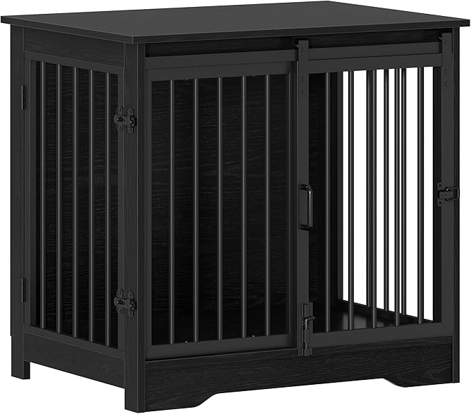Hzuaneri 27.2" Dog Crate Furniture with Barn Door, Heavy Duty Dog Kennel Indoor with 2 Doors, Wooden Pet Cage End Table for Small Medium Dogs up to 22 lb, Anti-Chew Anti-Escape, Black DFC84304B