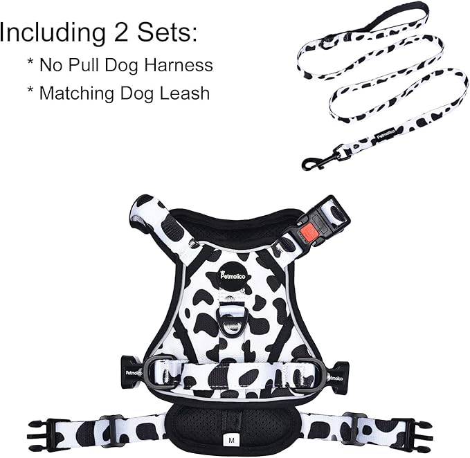Petmolico No Pull Dog Harness and Leash Set, No Choke 4 Leash Attchments Easy Control Handle Soft Padded Reflective Vest Dog Harness for XS Dog Breed, Cow Pattern XS