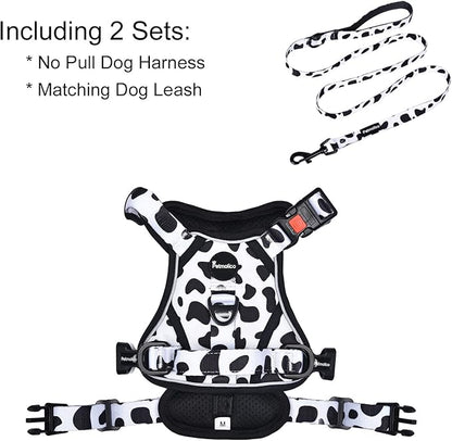 Petmolico No Pull Dog Harness and Leash Set, No Choke 4 Leash Attchments Easy Control Handle Soft Padded Reflective Vest Dog Harness for Large Dog Breed, Cow Pattern Large