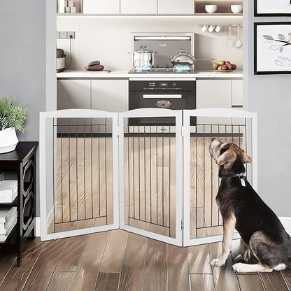 ZJSF Freestanding Foldable Dog Gate for House Extra Wide Wooden Grey Puppy Gate Stairs Dog Gates Doorways Tall Pet Gate 32" Height 3 Panels Pet Fence