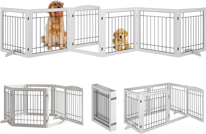 Vantas Folding Pet Gate 144" Wide, 30" Tall No-Assembly Wooden Dog Gate with Door Walk Through, Freestanding Wire Pet Puppy Safety Fence, with 2PCS Support - White