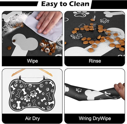 Voanos Dog Cat Food Mat,Rapid AbsorbentPet Feeding Mat, Bone Shaped Dog Placemat Water Bowl Mat with Rubber Backing,No Stains Dog Cat Food Mats Indoor, Pet Accessories Supplies 12""x18"" Black