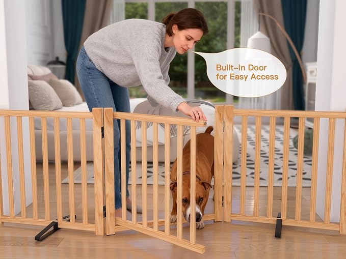 YOCAN Paint-Free Wooden Freestanding Dog Gates with Door for The House,Doorways, Stairs,Wood Dog Fences Indoor Pet Gate,Step Over Fence-8 Panel