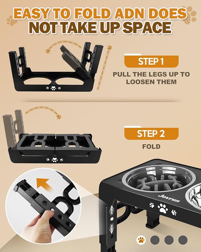 Jovrun Elevated Dog Bowls for Medium Large Size Dogs, Non-Slip Dog Feeder with 1*Stainless Steel Dishes & 1*Slow Feeder Bowl, 5 Heights Adjustable Raised Bowls to 3.15″-8.66″-9.84″-11.02″-12.2″