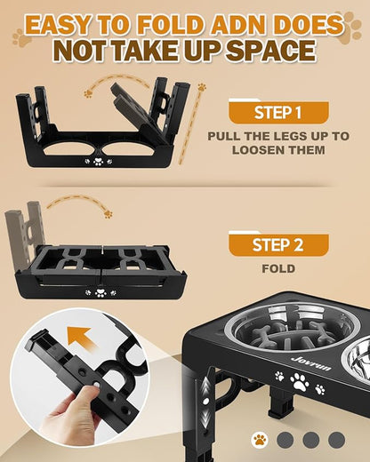 Jovrun Elevated Dog Bowls for Medium Large Size Dogs, Non-Slip Dog Feeder with 1*Stainless Steel Dishes & 1*Slow Feeder Bowl, 5 Heights Adjustable Raised Bowls to 3.15″-8.66″-9.84″-11.02″-12.2″