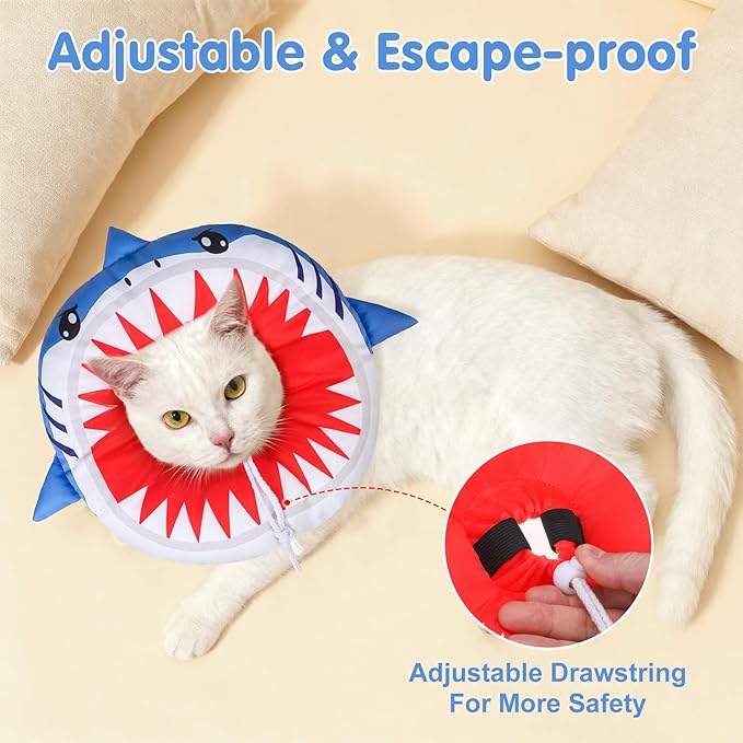 BEAUTYZOO Cat Cone Collars Soft, Cat Recovery E Collars After Surgery to Stop Licking, Adjustable Elizabeth Circle Collar Cute Pet Donut Pillow for Cats Kitten Small Dogs, Cute Shark S