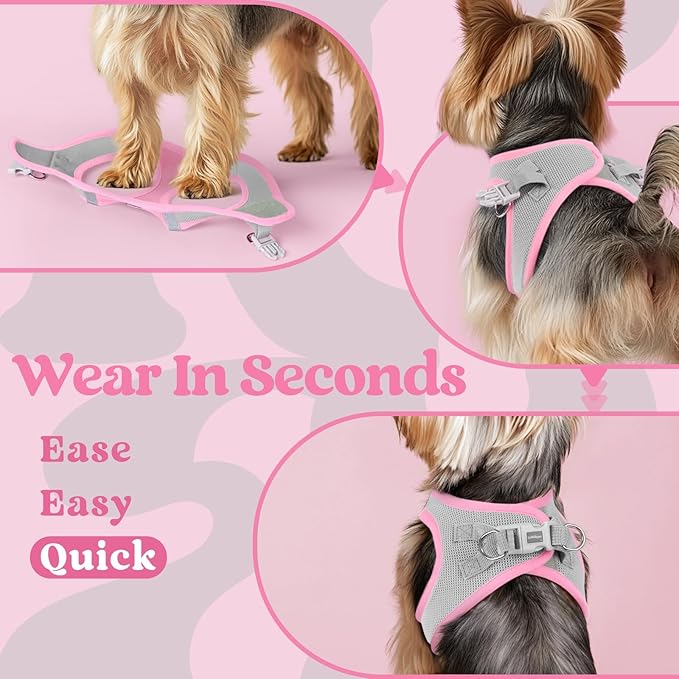 rabbitgoo Small Dog Harness, Step-in Soft Mesh Puppy Vest with Safety Buckle, Breathable Reflective Pet Harness for Small Sized Dogs, Pink & Gray S